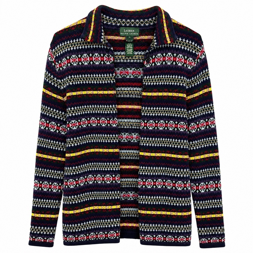 Lauren Ralph Lauren Fair Isle LambsWool Cardigan Sweater Women L Vintage Nordic
